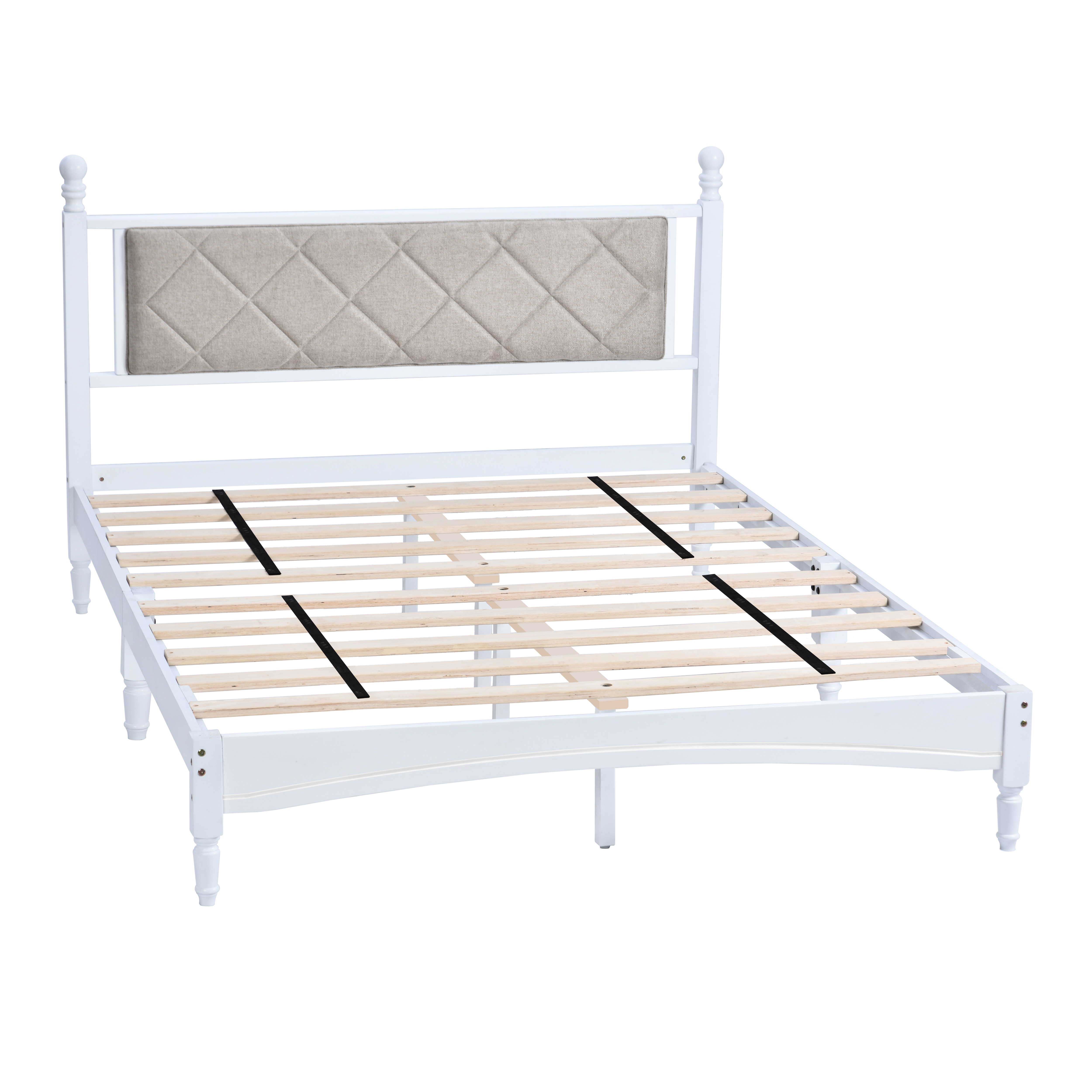 Wood Bed Frame with Fabric Upholstered Headboard, Solid Rubber Wood with Wood Central Supports, 1000 Lb Capacity, Easy Assembly, No Box Spring Needed, Full - White Wood Bed Frame with Fabric Upholstered Headboard, Solid Rubber Wood with Wood Central Supports, 1000 Lb Capacity, Easy Assembly, No Box Spring Needed, Full - White